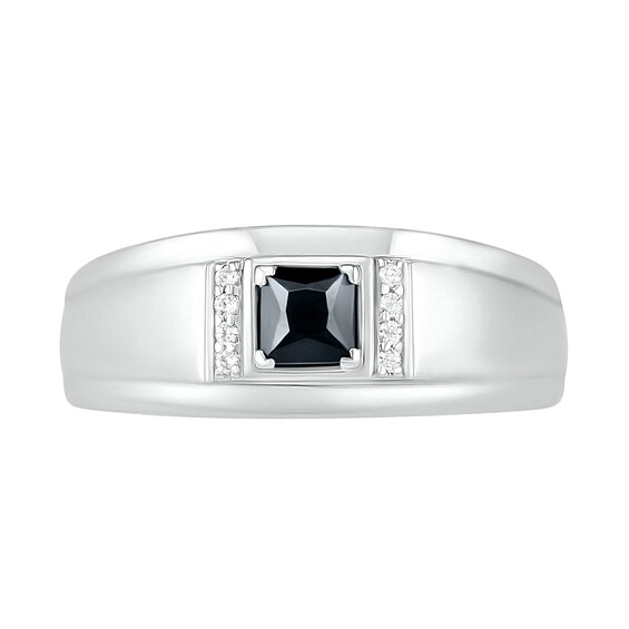 Men's 4.0mm Square-Cut Black Spinel and 1/20 CT. T.W. Diamond Collar Stepped Edge Ring in Sterling Silver Men's 4.0mm Square-Cut Black Spinel and 1/20 CT. T.W. Diamond Collar Stepped Edge Ring in Sterling Silver