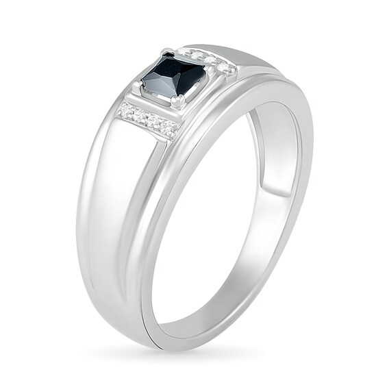 Men's 4.0mm Square-Cut Black Spinel and 1/20 CT. T.W. Diamond Collar Stepped Edge Ring in Sterling Silver Men's 4.0mm Square-Cut Black Spinel and 1/20 CT. T.W. Diamond Collar Stepped Edge Ring in Sterling Silver