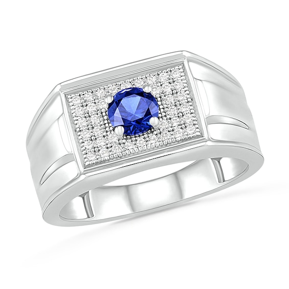 Men’s Lab-Created Blue Sapphire and 1/3 CT. T.W. Diamond Rectangle-Top Stepped Edge Triple Row Ring in Sterling Silver Men’s Lab-Created Blue Sapphire and 1/3 CT. T.W. Diamond Rectangle-Top Stepped Edge Triple Row Ring in Sterling Silver