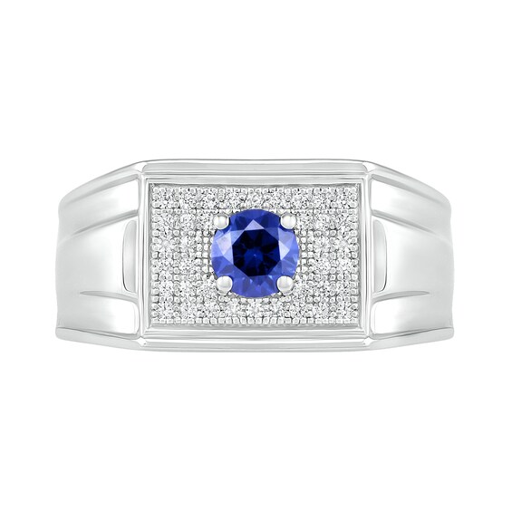 Men’s Lab-Created Blue Sapphire and 1/3 CT. T.W. Diamond Rectangle-Top Stepped Edge Triple Row Ring in Sterling Silver Men’s Lab-Created Blue Sapphire and 1/3 CT. T.W. Diamond Rectangle-Top Stepped Edge Triple Row Ring in Sterling Silver