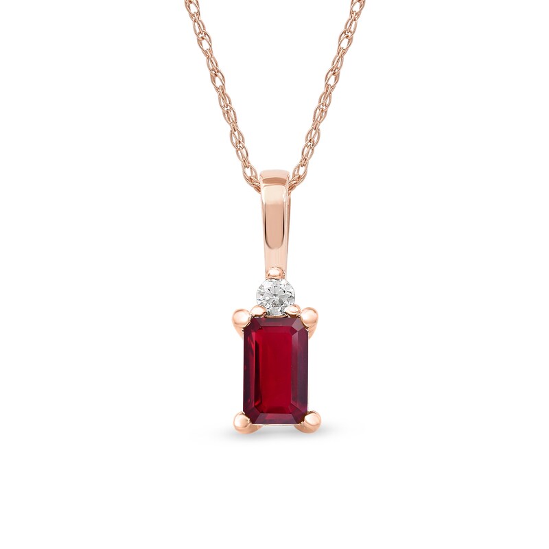 Main Image 1 of Emerald-Cut Ruby and Diamond Accent Drop Pendant in 10K Rose Gold
