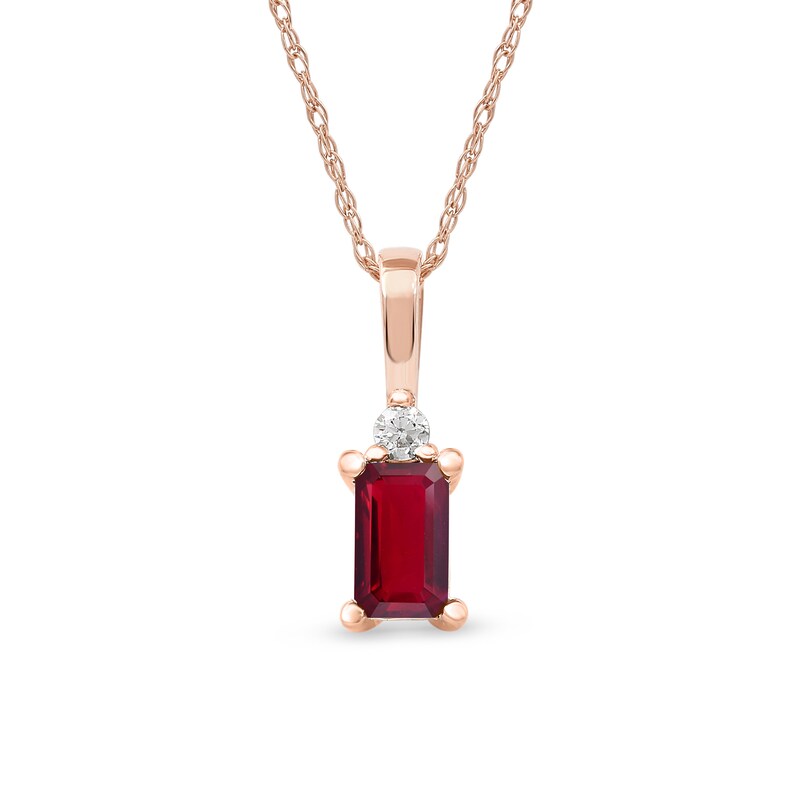 Emerald-Cut Ruby and Diamond Accent Drop Pendant in 10K Rose Gold