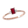 Emerald-Cut Ruby and 1/15 CT. T.W. Diamond Three Stone Grooved Ring in 10K Rose Gold