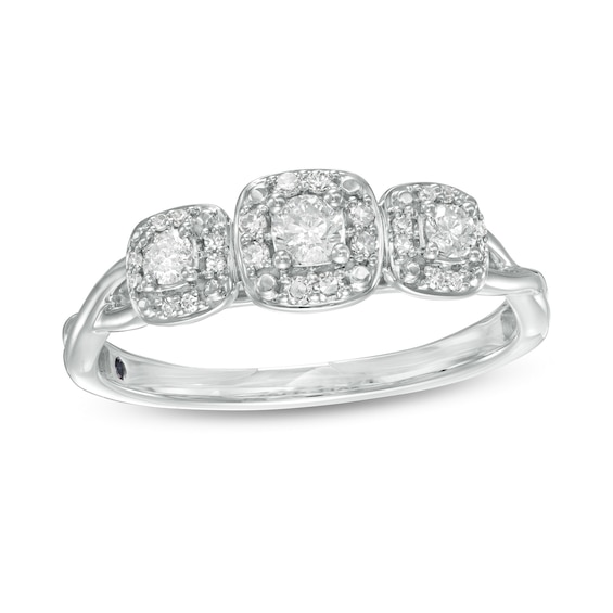 Cherished Promise Collectionâ¢ 1/4 CT. T.w. Diamond Three Stone Cushion Frame Ring in 10K White Gold