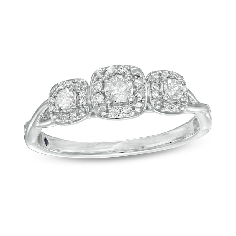 Main Image 1 of Cherished Promise Collection™ 1/4 CT. T.W. Diamond Three Stone Cushion Frame Ring in 10K White Gold