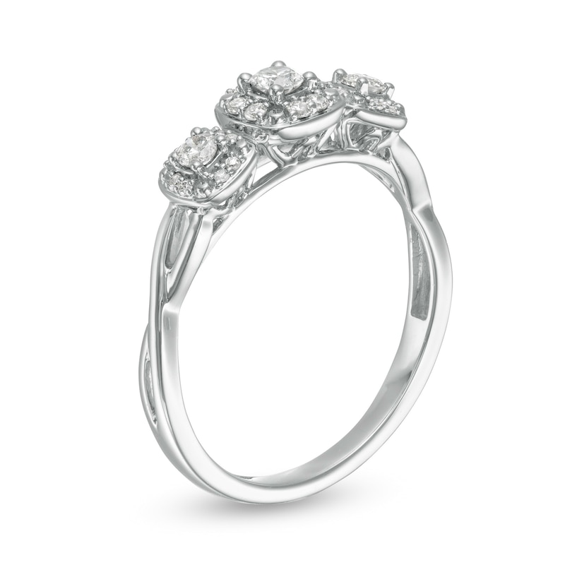 Main Image 3 of Cherished Promise Collection™ 1/4 CT. T.W. Diamond Three Stone Cushion Frame Ring in 10K White Gold