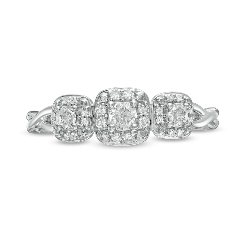 Main Image 4 of Cherished Promise Collection™ 1/4 CT. T.W. Diamond Three Stone Cushion Frame Ring in 10K White Gold