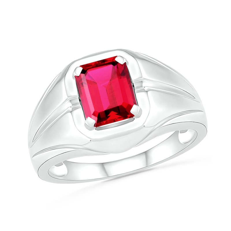 Men's Emerald-Cut Lab-Created Ruby Rectangular Frame Split Shank Ring in Sterling Silver