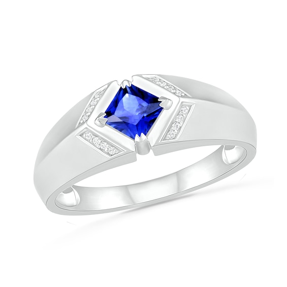 Square-Cut Blue Lab-Created Sapphire and 1/20 CT. T.w. Diamond Chevron Collar Knife Edge Ring in Sterling Silver