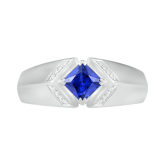 Square-Cut Blue Lab-Created Sapphire and 1/20 CT. T.w. Diamond Chevron Collar Knife Edge Ring in Sterling Silver
