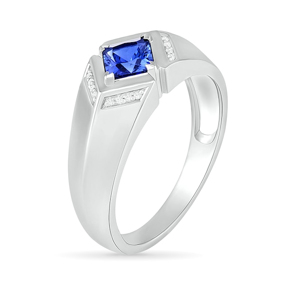 Square-Cut Blue Lab-Created Sapphire and 1/20 CT. T.w. Diamond Chevron Collar Knife Edge Ring in Sterling Silver