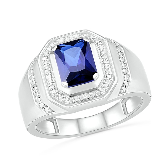 Men's Emerald-Cut Lab-Created Blue Sapphire and 1/10 CT. T.W. Diamond Octagonal Frame Collar Ring in Sterling Silver Men's Emerald-Cut Lab-Created Blue Sapphire and 1/10 CT. T.W. Diamond Octagonal Frame Collar Ring in Sterling Silver