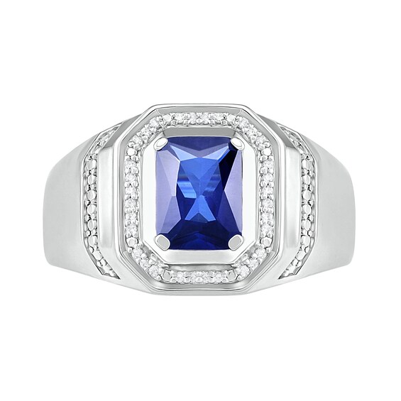 Men's Emerald-Cut Lab-Created Blue Sapphire and 1/10 CT. T.W. Diamond Octagonal Frame Collar Ring in Sterling Silver Men's Emerald-Cut Lab-Created Blue Sapphire and 1/10 CT. T.W. Diamond Octagonal Frame Collar Ring in Sterling Silver