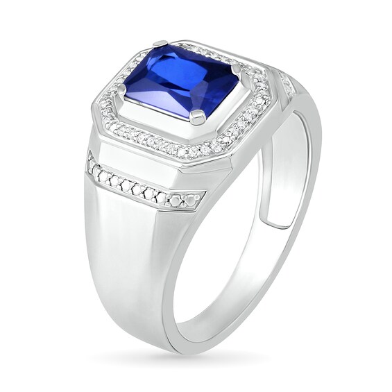 Men's Emerald-Cut Lab-Created Blue Sapphire and 1/10 CT. T.W. Diamond Octagonal Frame Collar Ring in Sterling Silver Men's Emerald-Cut Lab-Created Blue Sapphire and 1/10 CT. T.W. Diamond Octagonal Frame Collar Ring in Sterling Silver