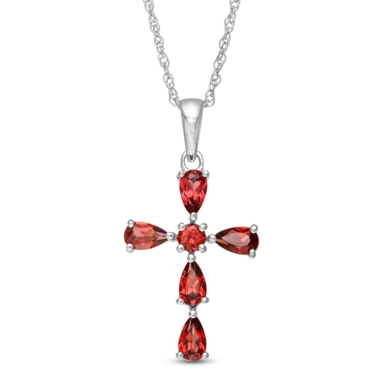 Main Image 1 of Pear-Shaped and Round Garnet Cross Pendant in Sterling Silver