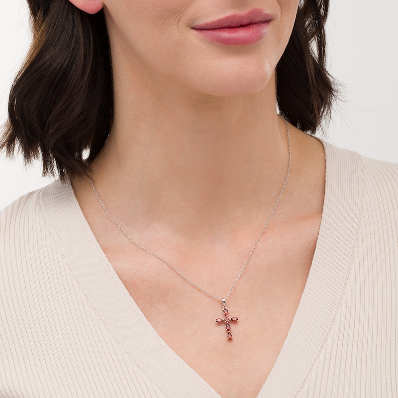 Main Image 2 of Pear-Shaped and Round Garnet Cross Pendant in Sterling Silver