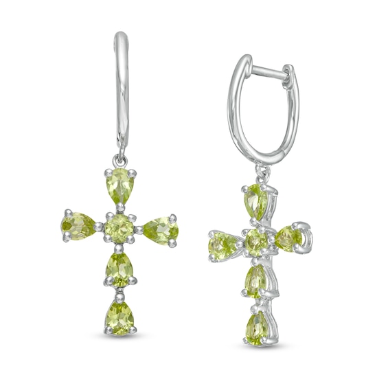 Pear-Shaped and Round Peridot Cross Drop Earrings in Sterling Silver
