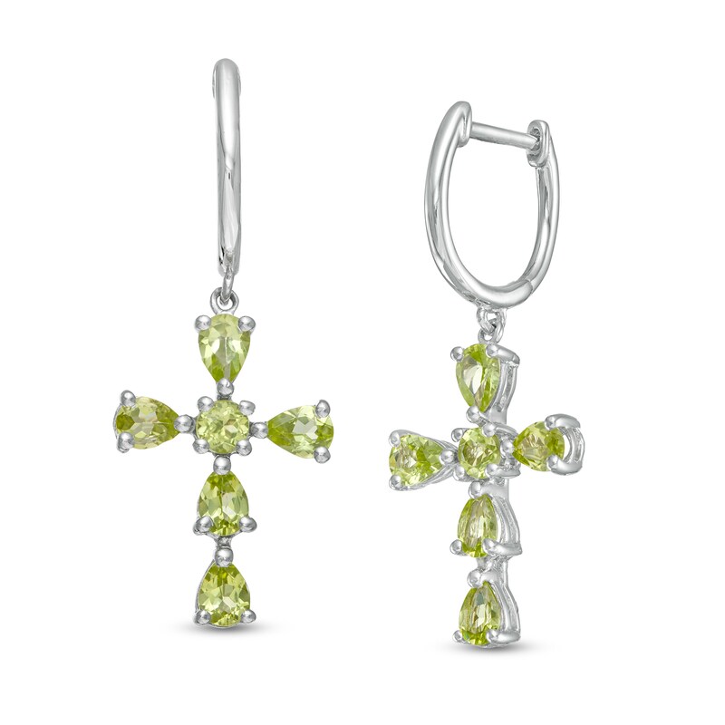 Main Image 1 of Pear-Shaped and Round Peridot Cross Drop Earrings in Sterling Silver