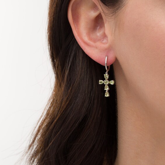 Pear-Shaped and Round Peridot Cross Drop Earrings in Sterling Silver