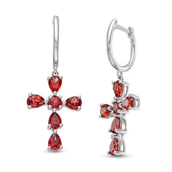 Pear-Shaped and Round Garnet Cross Drop Earrings in Sterling Silver