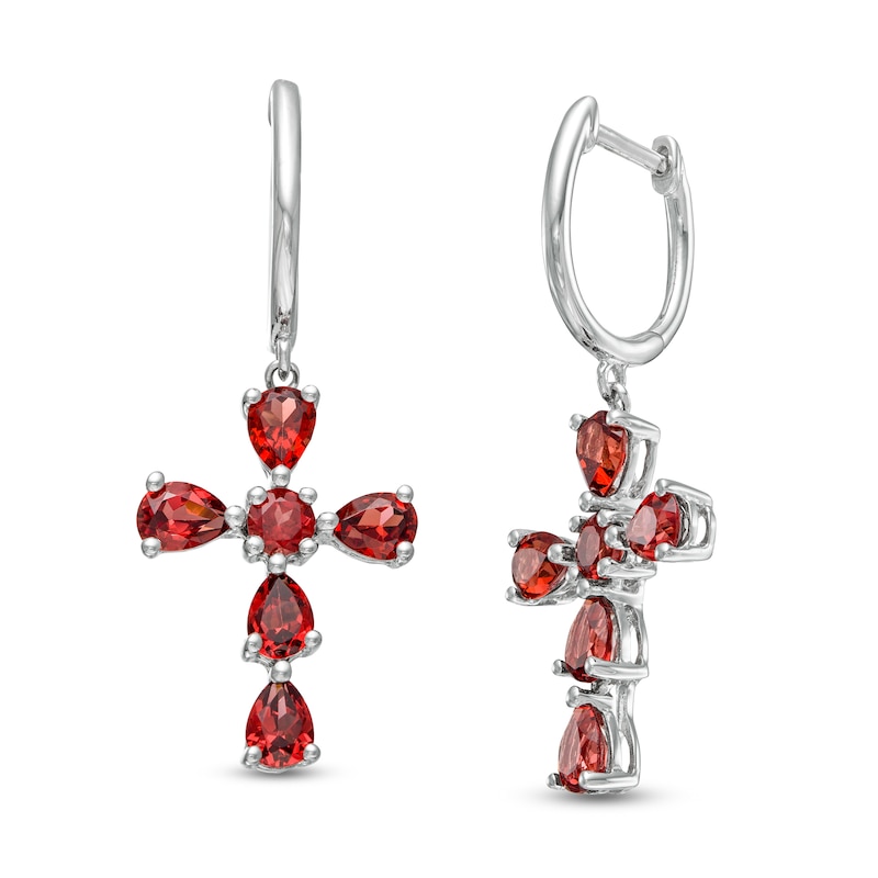 Main Image 1 of Pear-Shaped and Round Garnet Cross Drop Earrings in Sterling Silver