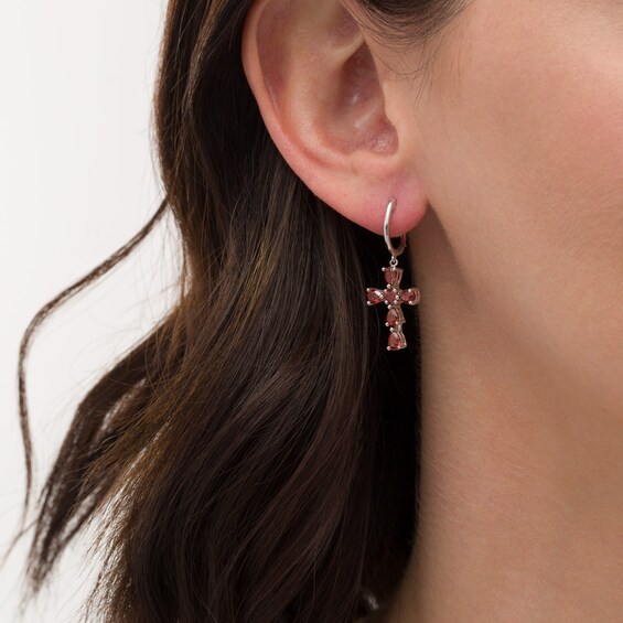 Pear-Shaped and Round Garnet Cross Drop Earrings in Sterling Silver