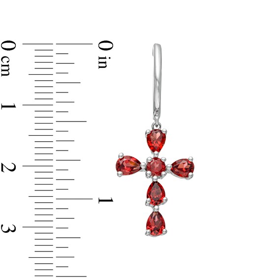 Pear-Shaped and Round Garnet Cross Drop Earrings in Sterling Silver