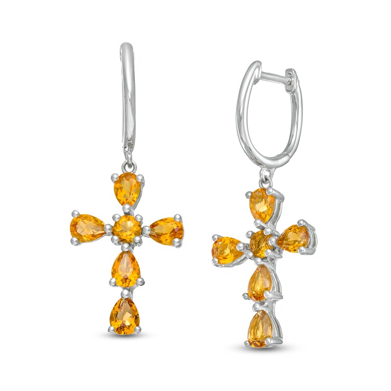 Main Image 1 of Pear-Shaped and Round Citrine Cross Drop Earrings in Sterling Silver