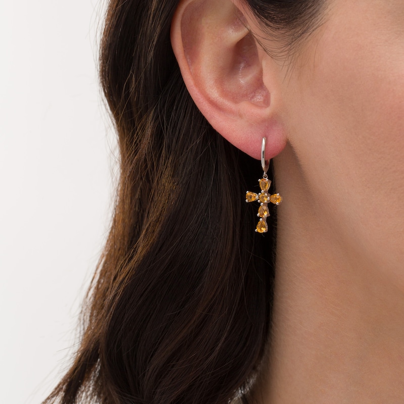 Pear-Shaped and Round Citrine Cross Drop Earrings in Sterling Silver