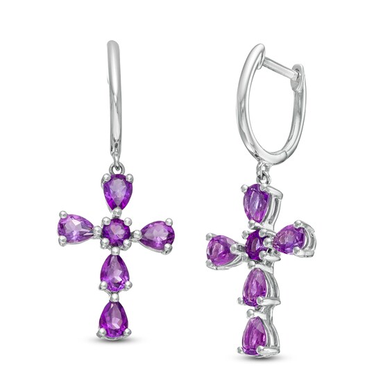 Pear-Shaped and Round Amethyst Cross Drop Earrings in Sterling Silver