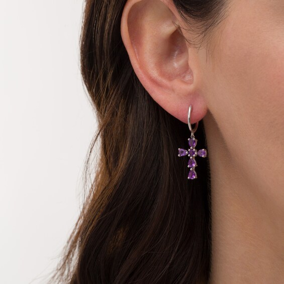 Pear-Shaped and Round Amethyst Cross Drop Earrings in Sterling Silver