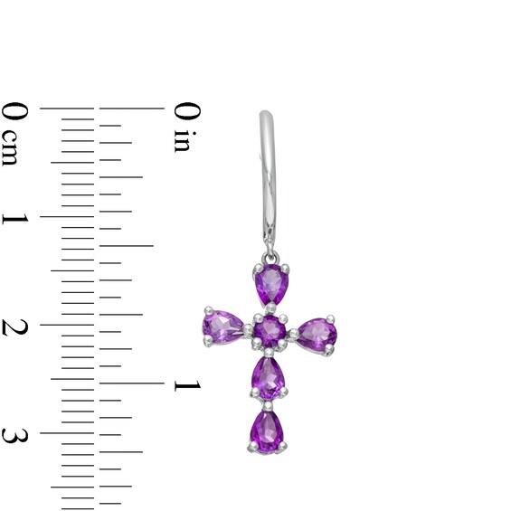 Pear-Shaped and Round Amethyst Cross Drop Earrings in Sterling Silver