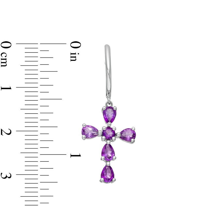 Main Image 3 of Pear-Shaped and Round Amethyst Cross Drop Earrings in Sterling Silver