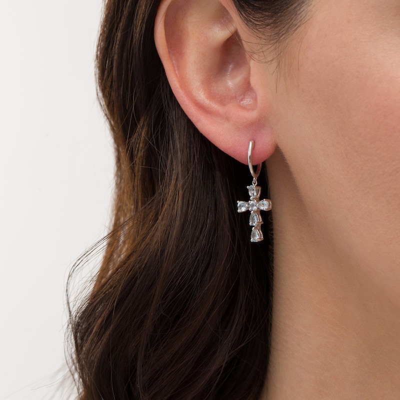 Pear-Shaped and Round Aquamarine Cross Drop Earrings in Sterling Silver
