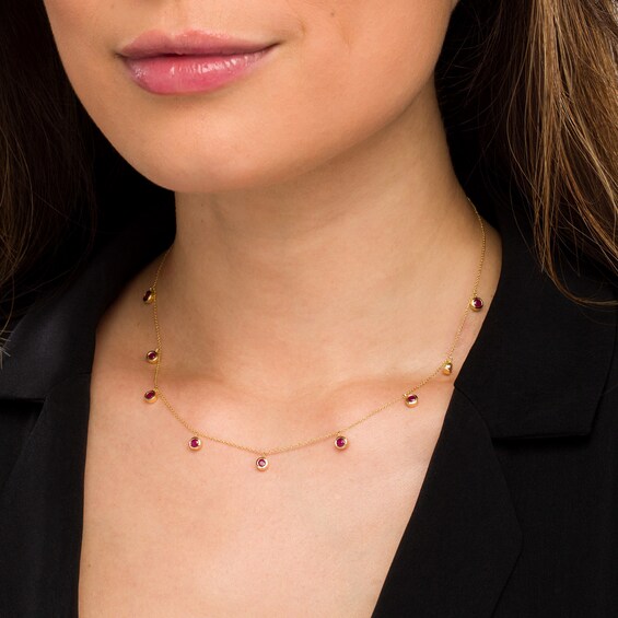 3.0mm Ruby Bezel-Set Nine Stone Station Necklace in 10K Gold