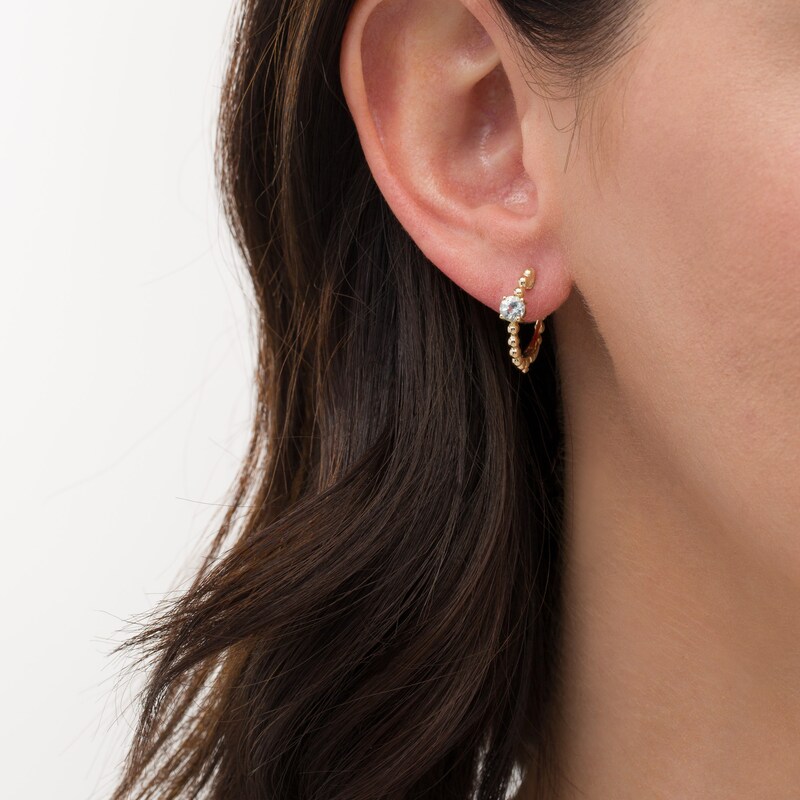Main Image 2 of 4.0mm Aquamarine Solitaire and Beaded Hoop Earrings in 10K Gold