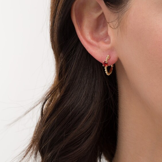 4.0mm Garnet Solitaire and Beaded Hoop Earrings in 10K Gold