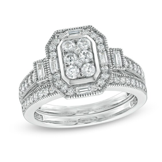 3/4 CT. T.W. Composite Diamond Elongated Octagonal Frame Vintage-Style Bridal Set in 10K White Gold 3/4 CT. T.W. Composite Diamond Elongated Octagonal Frame Vintage-Style Bridal Set in 10K White Gold