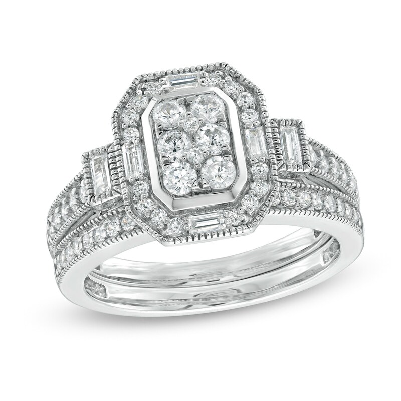 3/4 CT. T.W. Composite Diamond Elongated Octagonal Frame Vintage-Style Bridal Set in 10K White Gold