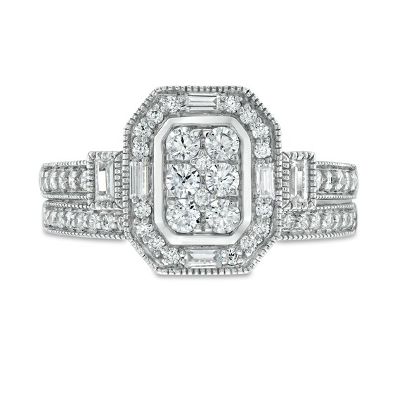 3/4 CT. T.W. Composite Diamond Elongated Octagonal Frame Vintage-Style Bridal Set in 10K White Gold 3/4 CT. T.W. Composite Diamond Elongated Octagonal Frame Vintage-Style Bridal Set in 10K White Gold