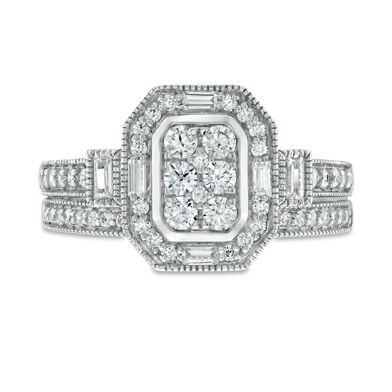 3/4 CT. T.W. Composite Diamond Elongated Octagonal Frame Vintage-Style Bridal Set in 10K White Gold