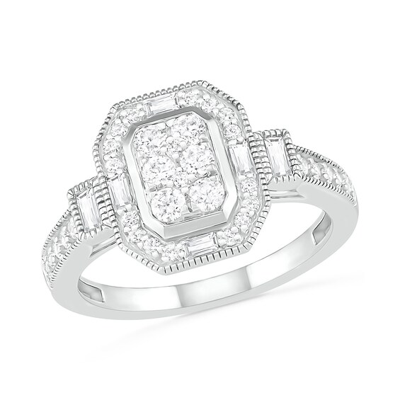 3/4 CT. T.W. Composite Diamond Elongated Octagonal Frame Vintage-Style Bridal Set in 10K White Gold 3/4 CT. T.W. Composite Diamond Elongated Octagonal Frame Vintage-Style Bridal Set in 10K White Gold