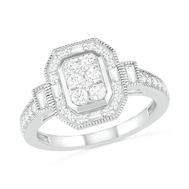 3/4 CT. T.W. Composite Diamond Elongated Octagonal Frame Vintage-Style Bridal Set in 10K White Gold