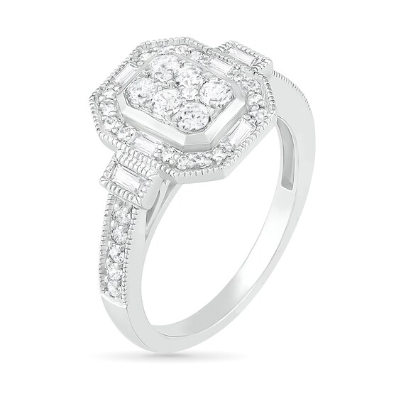 3/4 CT. T.W. Composite Diamond Elongated Octagonal Frame Vintage-Style Bridal Set in 10K White Gold 3/4 CT. T.W. Composite Diamond Elongated Octagonal Frame Vintage-Style Bridal Set in 10K White Gold