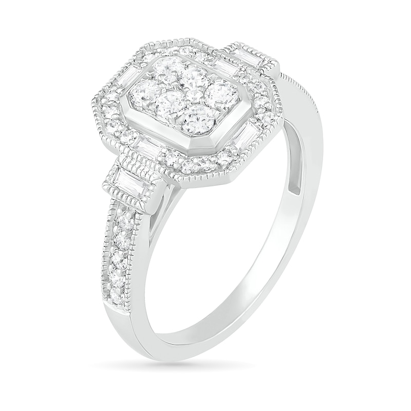 3/4 CT. T.W. Composite Diamond Elongated Octagonal Frame Vintage-Style Bridal Set in 10K White Gold