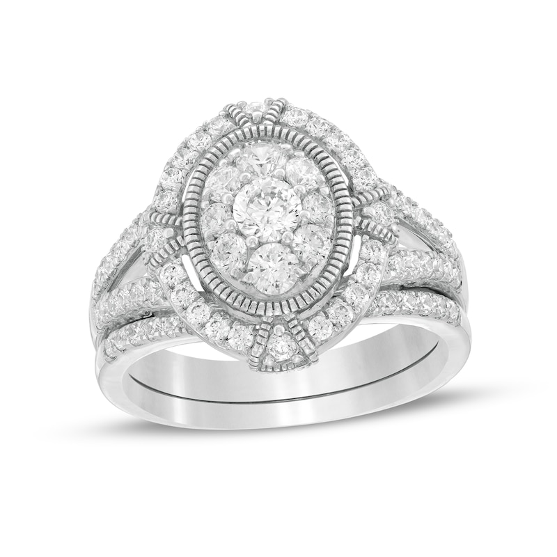 1 CT. T.W. Composite Oval Diamond Split Shank Vintage-Style Bridal Set in 10K White Gold