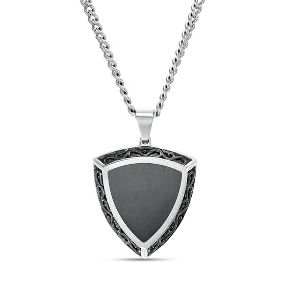 Men's Filigree Border Shield Pendant in Stainless Steel and Black Ion-Plate - 24"