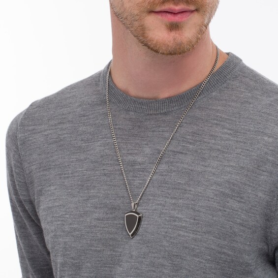 Men's Filigree Border Shield Pendant in Stainless Steel and Black Ion-Plate - 24"