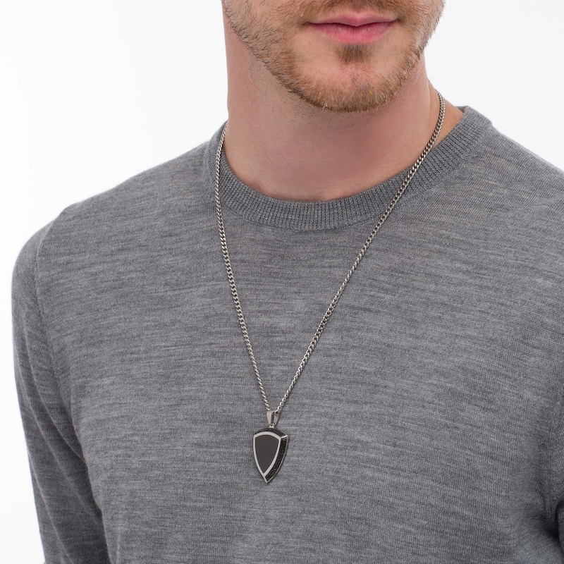 Main Image 2 of Men's Filigree Border Shield Pendant in Stainless Steel and Black Ion-Plate - 24"