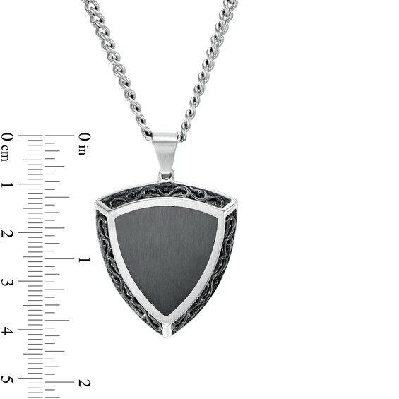 Men's Filigree Border Shield Pendant in Stainless Steel and Black Ion-Plate - 24"